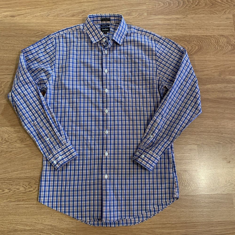 Neiman Marcus Shirt Men's 15.5‎ 34/35 Multicolor Plaid Wrinkle Free Trim Fit